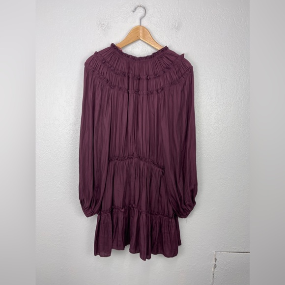 Mustard Seed Wine Satin Elastic Waist Ruffles Tiered Mini Dress Satin - Picture 7 of 9